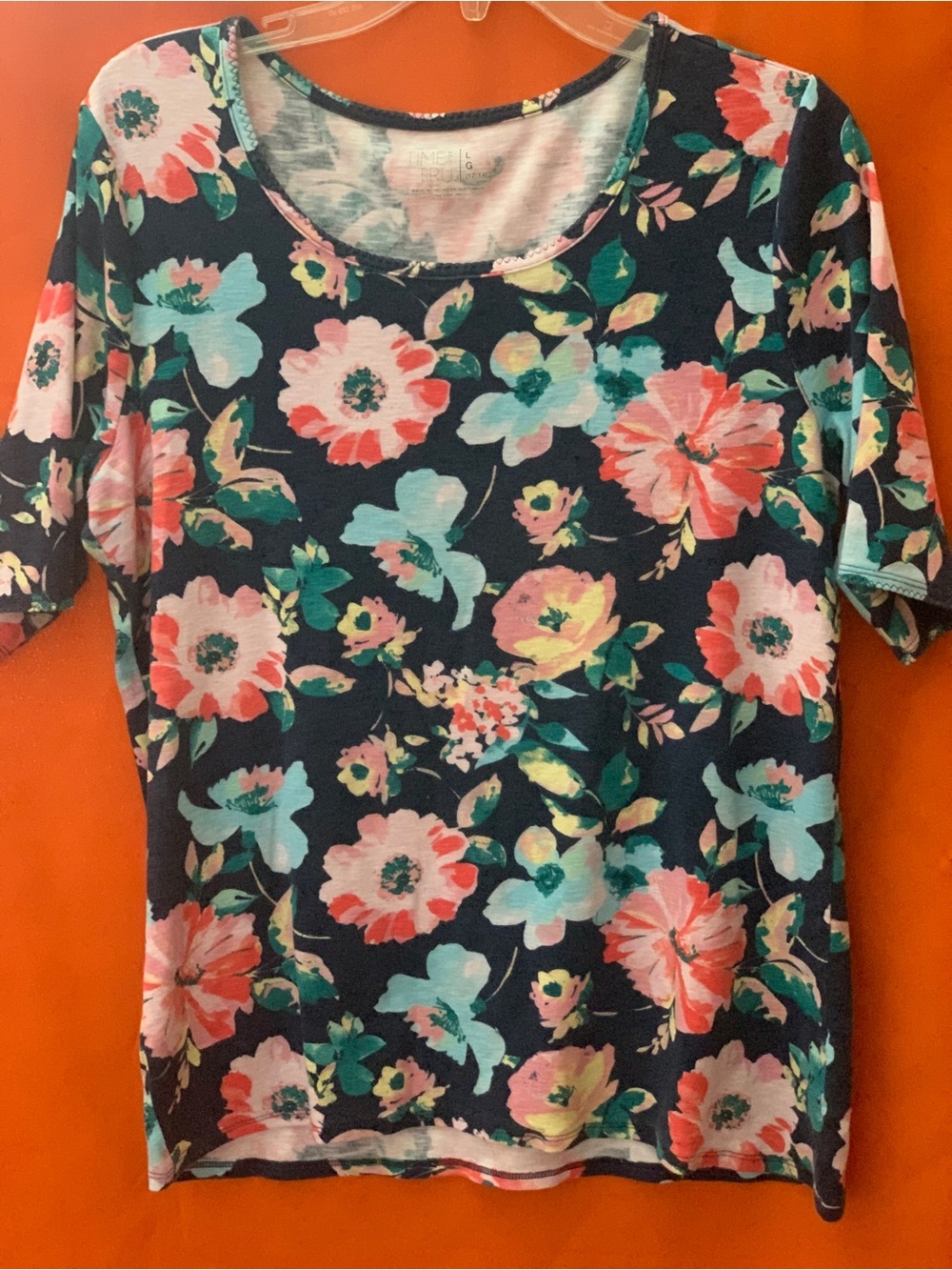 Time & Tru Floral Short-Sleeve Scoop Neck Top in Navy and Coral